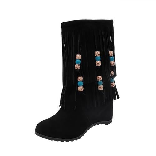 FQLGJMY Wildleder Tassel Knöchelstiefel für Frauen Klassische Vintage Runde Zehe versteckte Keil Absatz niedrigen Absatz Western Outdoor Kurze Stiefel mit Reißverschluss Herbst Winter Flats von FQLGJMY