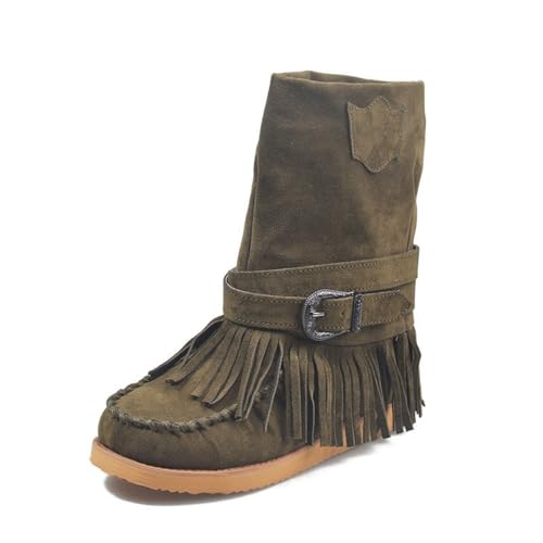 FQLGJMY Wildleder Tassel Knöchelstiefel für Frauen Klassische Vintage Runde Zehe versteckte Keil Absatz niedrigen Absatz Western Outdoor Kurze Stiefel mit Reißverschluss Herbst Winter Flats von FQLGJMY