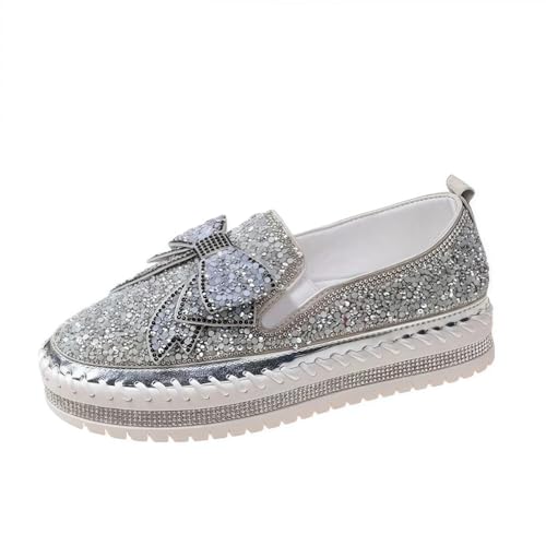 Frauen Mode Plattform Strass Rutsch auf Sneakers Casual Komfort Loafer Wanderschuhe mit niedlichen Bowknot Glitter Bling Paillette von FQLGJMY