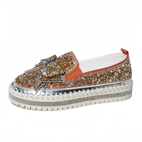 Frauen Mode Plattform Strass Rutsch auf Sneakers Casual Komfort Loafer Wanderschuhe mit niedlichen Bowknot Glitter Bling Paillette von FQLGJMY