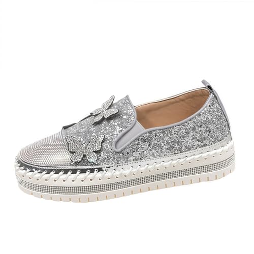 Frauen Mode Plattform Strass Rutsch auf Sneakers Casual Komfort Loafer Wanderschuhe mit niedlichen Bowknot Glitter Bling Paillette von FQLGJMY