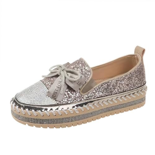 Frauen Mode Plattform Strass Rutsch auf Sneakers Casual Komfort Loafer Wanderschuhe mit niedlichen Bowknot Glitter Bling Paillette von FQLGJMY