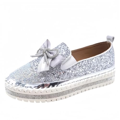 Frauen Mode Plattform Strass Rutsch auf Sneakers Casual Komfort Loafer Wanderschuhe mit niedlichen Bowknot Glitter Bling Paillette von FQLGJMY