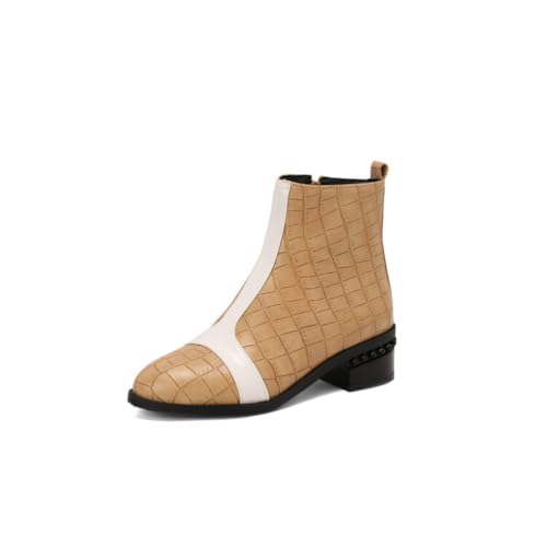 Damen Gemusterte Stiefeletten Runde Spitze Niedrige Blockabsätze Seitlicher Reißverschluss Robustes Leder Obermaterial Bequeme Slip-On Alltag Party Schuhe,Gelb,46 EU von FQMAYPO