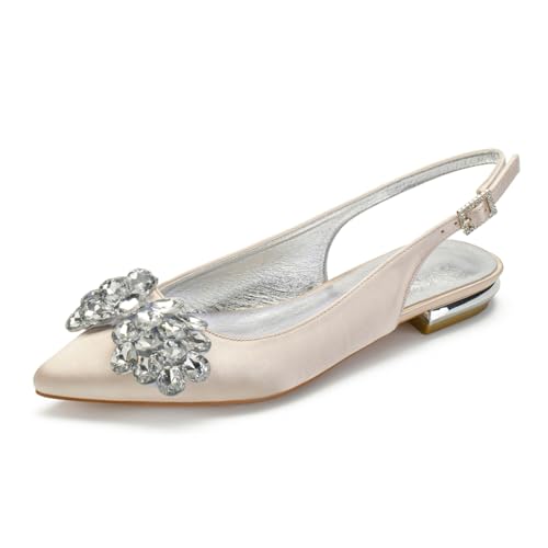 Damen Knöchelriemen Hochzeitsschuhe Niedrige Blockabsätze Abend Party Kleid Schuhe Geschlossene Spitze Brautsandalen Slingback Satin Ballerinas Mit Strass,Champagne,37 EU von FQMAYPO