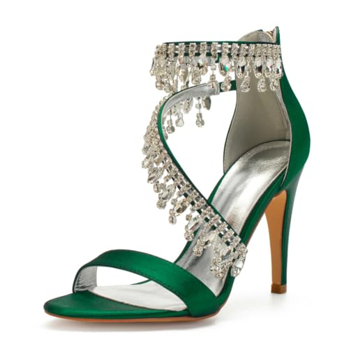 Damen Pfennig Hoher Absatz Sommer Sandalen Offene Zehen Satin Hochzeitsschuhe Knöchelriemen Abend Party Brautkleid Schuhe Mit Strass,Dark Green,38 EU Damen Pfennig Hoher Absatz Sommer Sandalen Offene Zehen Satin Hochzeitsschuhe Knöchelriemen Abend Party Brautkleid Schuhe Mit Strass,Dark Green,38 EU von FQMAYPO