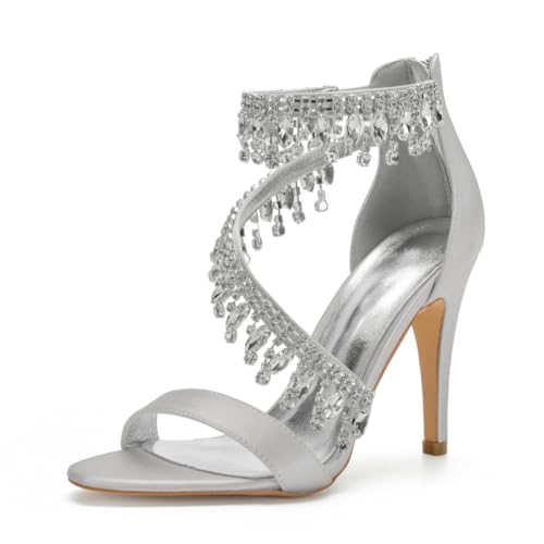Damen Pfennig Hoher Absatz Sommer Sandalen Offene Zehen Satin Hochzeitsschuhe Knöchelriemen Abend Party Brautkleid Schuhe Mit Strass,Silber,37 EU Damen Pfennig Hoher Absatz Sommer Sandalen Offene Zehen Satin Hochzeitsschuhe Knöchelriemen Abend Party Brautkleid Schuhe Mit Strass,Silber,37 EU von FQMAYPO