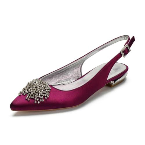 Damen Satin Geschlossen Spitze Zehe Brautjungfer Schuhe Knöchelriemen Ballerinas Niedrige Blockabsatz Brautschuhe Slingback Strass Sandalen,Burgundy,41 EU von FQMAYPO