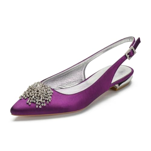 Damen Satin Geschlossen Spitze Zehe Brautjungfer Schuhe Knöchelriemen Ballerinas Niedrige Blockabsatz Brautschuhe Slingback Strass Sandalen,Lila,40 EU von FQMAYPO