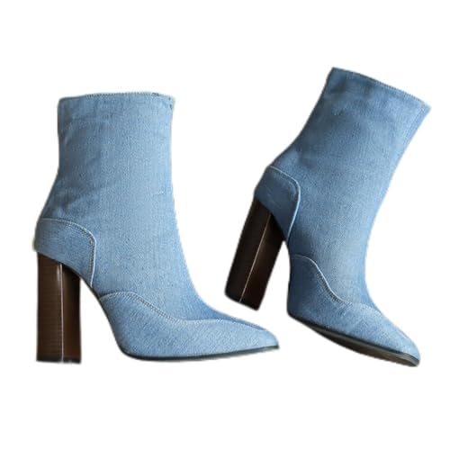 Damen Stiefeletten Mittelhoch Spitze Zehen Blockabsätze Mit Reißverschluss Robustes PU Leder Obermaterial Bequeme Slip-On Modische Party Freizeit Stiefel,Blau,41 EU von FQMAYPO