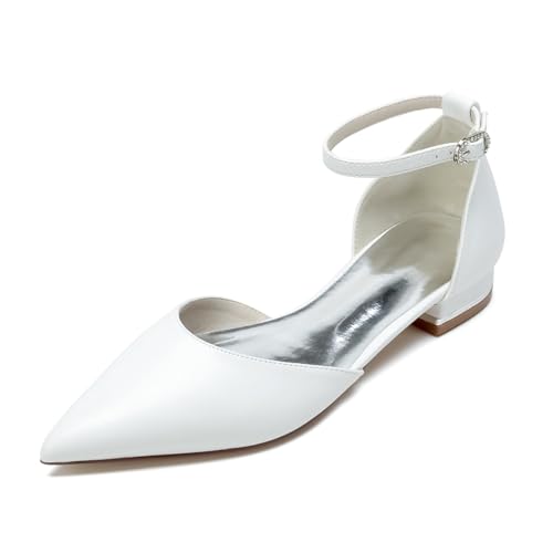 FQMAYPO Damen Einfarbig Geschlossen Spitze Zeh Leder Brautschuhe Knöchelriemen Brautkleid Schuhe Komfort Flacher Absatz Ballerinas,Weiß,42 EU von FQMAYPO