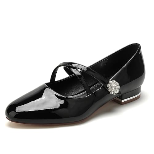FQMAYPO Damen Flache Ferse Niedrige Absätze mit Strass Kleid Geschlossene Zehe Lackleder Brautschuhe Abend Party Abschlussball Kreuz Riemen Brautkleid Schuhe,Schwarz,43 EU von FQMAYPO