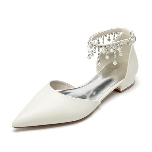 FQMAYPO Damen Hochzeit Knöchelriemen Brautschuhe mit Perle Quaste Komfort Kleid mit flachem Absatz Pumps Klassische geschlossene Spitze Zehen Leder Sandalen,Elfenbein,43 EU von FQMAYPO