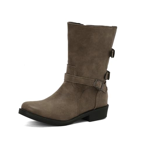 FQMAYPO Damen Rundzehen Flache Stiefel Mittelabsatz Stiefel Chunky Heel Stiefeletten Winter Stiefel Weite Passform Arbeit Stiefel Schwarze Kampf Einfache Western Cowboystiefel,Grau,48 EU von FQMAYPO