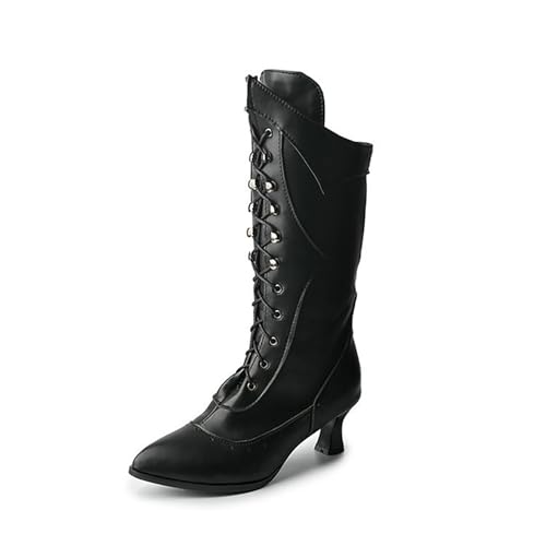 FQMAYPO Damen Schnürstiefel Low Kitten Heels Spitz Zulaufende Mid-Calf Arbeitsstiefel Winter Goth Booties wasserdichte Stiefel Warme Und Bequeme Schneestiefel,Schwarz,37 EU von FQMAYPO