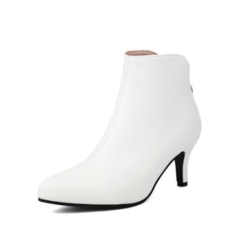 FQMAYPO Damen Stiefeletten Aus Leder Mit Spitzer Zehe Reißverschluss Hinten Mittelhohe Absätze Warme Winterboots Kitten Heel Einfache Schwarze Büro-Stiefel,Weiß,39 EU von FQMAYPO