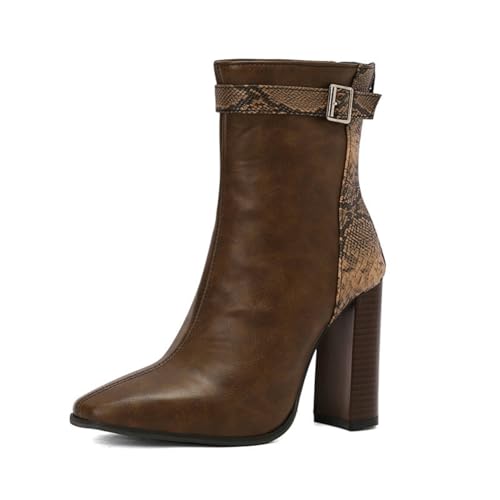FQMAYPO Damen Stiefeletten Mit Quadratischer Spitze Farbblock Chunky Heel Reißverschluss Hinten Freizeit Outdoor Mode Western Cowboy Stiefel wasserdichte Leder Bikerstiefel,Braun,36 EU von FQMAYPO
