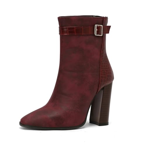 FQMAYPO Damen Stiefeletten Mit Quadratischer Spitze Farbblock Chunky Heel Reißverschluss Hinten Freizeit Outdoor Mode Western Cowboy Stiefel wasserdichte Leder Bikerstiefel,Rot,48 EU von FQMAYPO