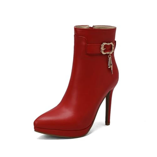 FQMAYPO Damen Stiefeletten Mit Spitzer Zehe Hoher Absatz Abendkleid Stiefel Mit Seitlichem Reißverschluss Einfarbig Stiletto Booties Mit Schnalle Plattform Biker Stiefel,Rot,42 EU von FQMAYPO