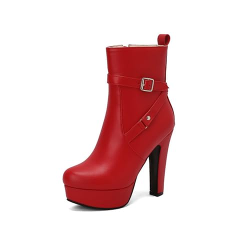FQMAYPO Damen Stiefeletten Rundem Zehen Modische High Heel Winterstiefel Schnalle Breite Passform Biker Seitenreißverschluss Plattform Booties Blockabsatz Winter wasserdichte,Rot,39 EU von FQMAYPO