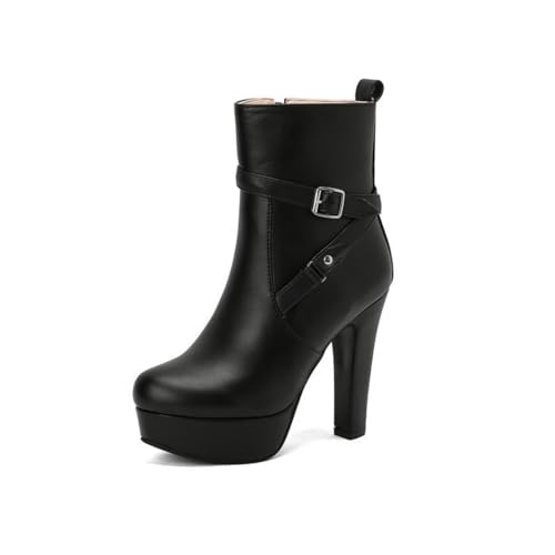 FQMAYPO Damen Stiefeletten Rundem Zehen Modische High Heel Winterstiefel Schnalle Breite Passform Biker Seitenreißverschluss Plattform Booties Blockabsatz Winter wasserdichte,Schwarz,39 EU von FQMAYPO