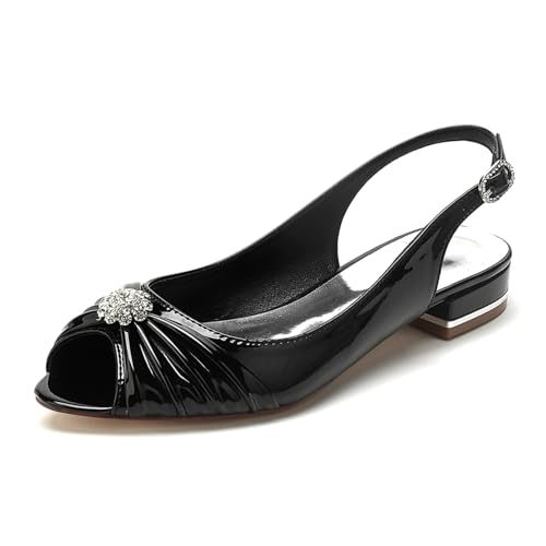 FQMAYPO Frauen Slip on Lackleder Brautschuhe Peep Toe Slingback Brautsandalen Komfort Abend Party Flache Ferse Ballettkleid Niedrige Absätze mit Strass,Schwarz,40 EU von FQMAYPO