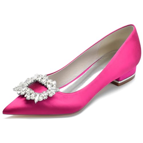 FQMAYPO Klassische Damen Solid Farben Pointed Toe Braut Wohnungen Satin Slip On Hochzeit Schuhe Abend Prom Party Kleid Schuhe mit Strass,Fuchsia,38 EU von FQMAYPO