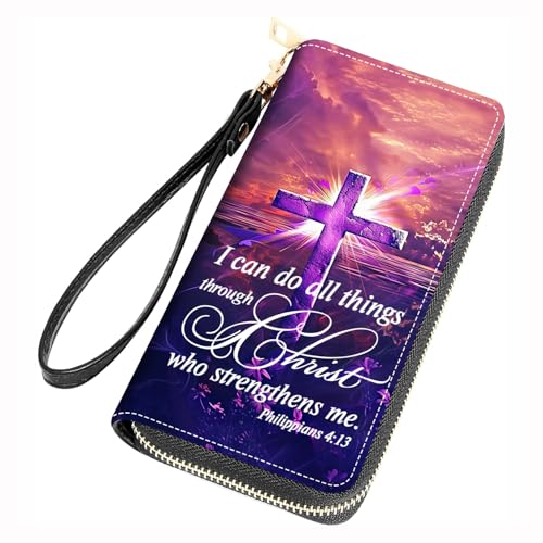 FQTBCEARI Damen-Geldbörse mit großem Fassungsvermögen, PU-Leder, Reißverschluss, Clutch, Kreuzzitat Bibelverse Philipper 4-13, One Zippers von FQTBCEARI