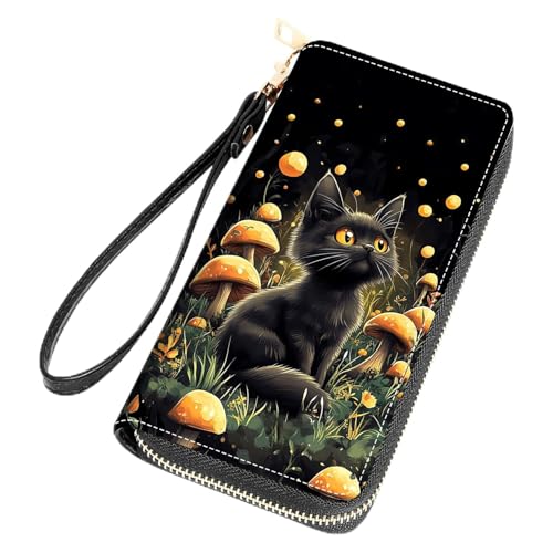 FQTBCEARI Damen-Geldbörse mit großem Fassungsvermögen, PU-Leder, Reißverschluss, Clutch, schwarze katze, One Zippers von FQTBCEARI