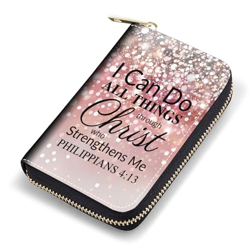 FQTBCEARI Kreditkartenetui, RFID Leder Kartenetui für Damen, Pocket Visitenkartenetui mit Reißverschluss, Fuchs, Bibelvers Philipper 4:13, Modisch von FQTBCEARI