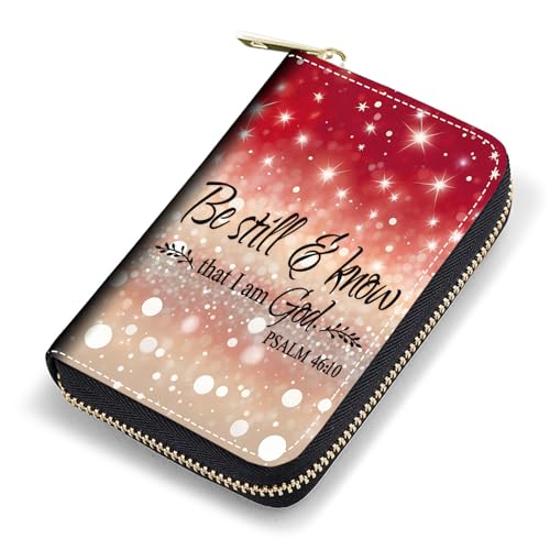 FQTBCEARI Kreditkartenetui, RFID Leder Kartenetui für Damen, Pocket Visitenkartenetui mit Reißverschluss, Fuchs, Glitzer-Zitat Bibelvers Psalm 46:10, Modisch von FQTBCEARI