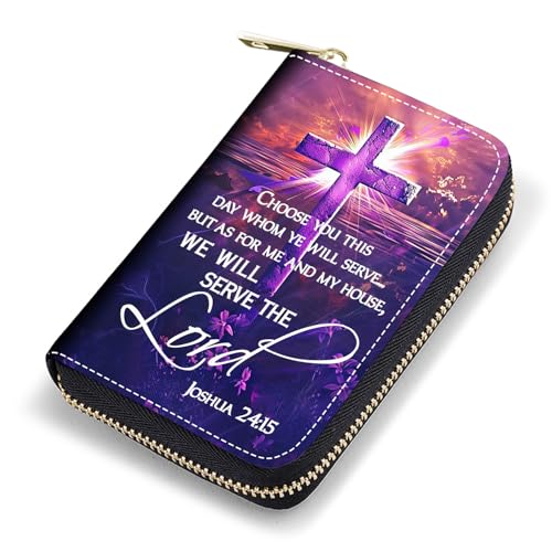 FQTBCEARI Kreditkartenetui, RFID Leder Kartenetui für Damen, Pocket Visitenkartenetui mit Reißverschluss, Fuchs, Kreuzzitat Bibelvers Joshua 24:15, Modisch von FQTBCEARI