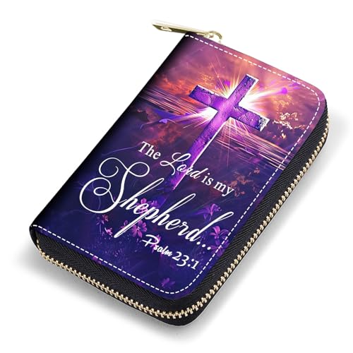 FQTBCEARI Kreditkartenetui, RFID Leder Kartenetui für Damen, Pocket Visitenkartenetui mit Reißverschluss, Fuchs, Kreuzzitat Bibelvers Psalm 23:1, Modisch von FQTBCEARI