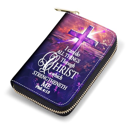 FQTBCEARI Kreditkartenetui, RFID Leder Kartenetui für Damen, Pocket Visitenkartenetui mit Reißverschluss, Fuchs, Kreuzzitat Bibelverse Phil 4-13, Modisch von FQTBCEARI