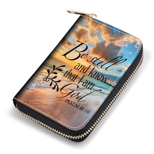 FQTBCEARI Kreditkartenetui, RFID Leder Kartenetui für Damen, Pocket Visitenkartenetui mit Reißverschluss, Fuchs, Zitat Bibelvers Psalm 46:10, Modisch von FQTBCEARI