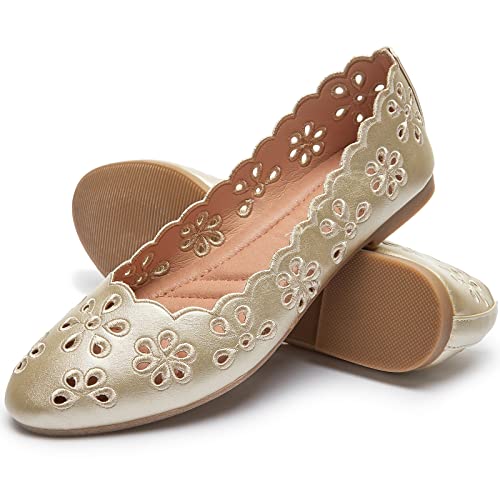 FRACORA Damen-Ballerinas, schwarz, PU-Leder, elegante Schuhe, bequeme runde Zehenpartie, Schlupfschuhe mit atmungsaktiven Ösen, Gold, 40.5 EU von FRACORA