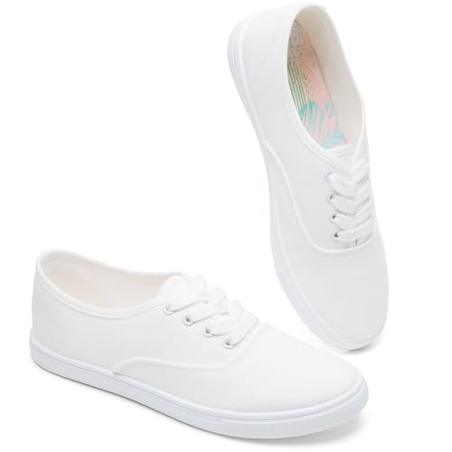 Klassische weiße Damen-Sneaker, niedrige Oberseite, weiße Leinenschuhe, leichte, lässige Canvas-Sneaker, weiße blumen, 40.5 EU von FRACORA