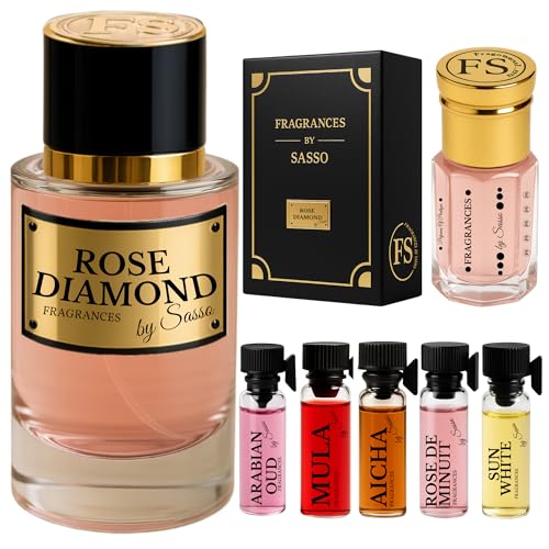 FRAGRANCES BY SASSO Parfüm, Rosenduft, Diamond, Vanille-Rosenduft, Luxus-Set, Parfüm-Extrakt 50 ml + Moschus 3 ml + 2 Proben gratis – Geschenkbox für Damen und Herren – Kollektion Privee von FRAGRANCES BY SASSO