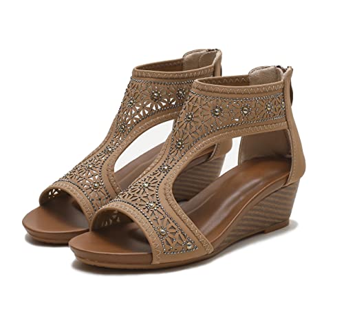 FRALOSHA Sandalen damen keilsandalen sommer offene Zehen lässig mit absatz Strandsandalen plateau sommerschuhe Braun1 39 von FRALOSHA