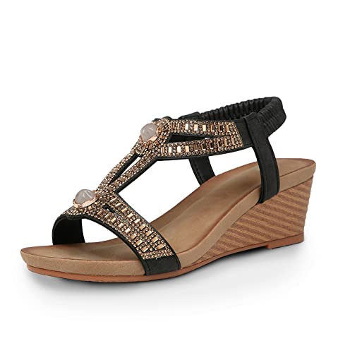 FRALOSHA Keilsandalen für Frauen elegante Sommer-Strass-Glitzer offene Zehenpartie lässige Keilabsätze Sandale bequem niedlich Strandschuhe Schwarz 38 von FRALOSHA