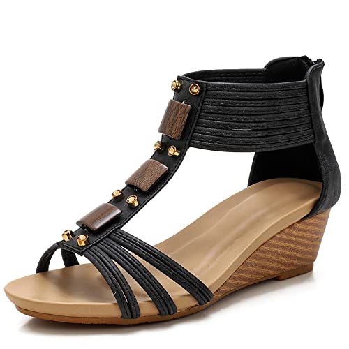 FRALOSHA Sandalen damen keilsandalen sommer offene Zehen lässig mit absatz Strandsandalen plateau sommerschuhe Black 42 von FRALOSHA