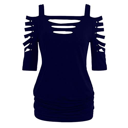 FRAUIT Damen Gothic Shirt Bauchfrei Stickerei Bluse Trägerlos Lässige Ripped Sling Kleid Schulterfrei Tunika Bodycon Cut Out Kurzarmshirt Oberteil Tops Freizeit Party Kleidung (XXL, A-Blau) von FRAUIT-Frauen Top