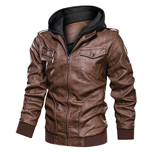 FRAUIT Herren Kapuzen Lederjacke Langarm Leder Hoodie Winterjacke Parka Windbreaker Jacke Winddichte Outdoor Jacke Herbst Winter Männer Mode Bomberjacke Fliegerjacke Streetwear (U-Braun1, L) von FRAUIT-Herren Top