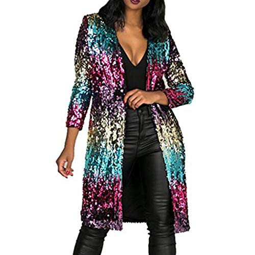 FRAUIT Damen Langarm Pailletten Cardigan Mantel Metallic Open Lange Strickjacke Frühling Herbst Freizeit Reisen Masquerade Festival Party Tanzparty Lose Weich Bequem Cardigan Coat von FRAUIT