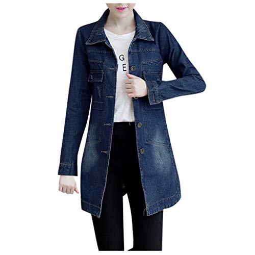 FRAUIT Damen Lange Jeansmantel Tasche Elegant Jeans Jacke Vintage Denim Trenchcoat Strickjacke Mode Streetwear Slim Fit Schön Kleidung Bluse Top Outwear Coat S-5XL von FRAUIT