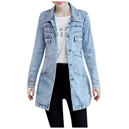 FRAUIT Damen Lange Jeansmantel Tasche Elegant Jeans Jacke Vintage Denim Trenchcoat Strickjacke Mode Streetwear Slim Fit Schön Kleidung Bluse Top Outwear Coat S-5XL von FRAUIT-Frauen Jacken Mantel