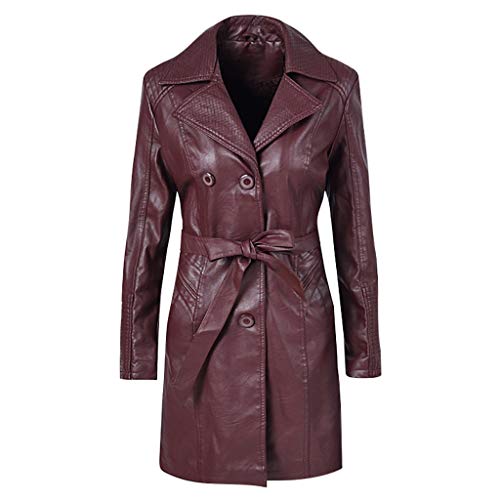 FRAUIT Damen Lange Leder Jacke Mantel Zweireiher Revers Ledermantel Trenchcoat Windjacke Parka Herbst Winter Frauen Outwear Mit Gürtel von FRAUIT