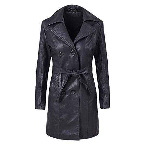 FRAUIT Damen Lange Leder Jacke Mantel Zweireiher Revers Ledermantel Trenchcoat Windjacke Parka Herbst Winter Frauen Outwear Mit Gürtel von FRAUIT-Frauen Jacken Mantel