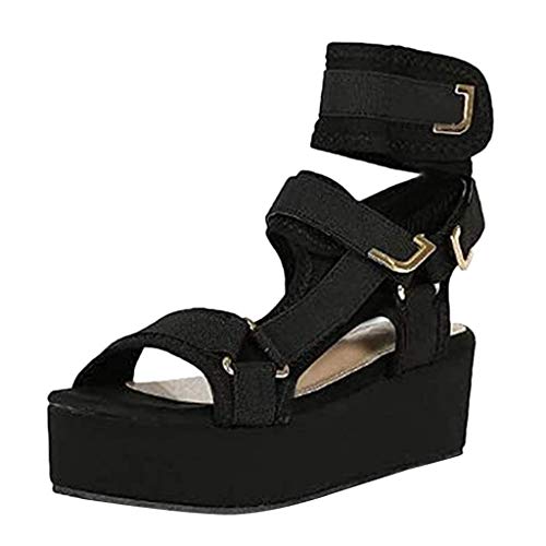 FRAUIT Damen Sandalen Gothic Punk Schwarz Sandalen Opened Toe High Wedge Peeptoe Sandalen Plateau Keilabsatz Schnalle Strandschuhe Sommerschuh Sandalette rutschfeste Flache Sandalen von FRAUIT