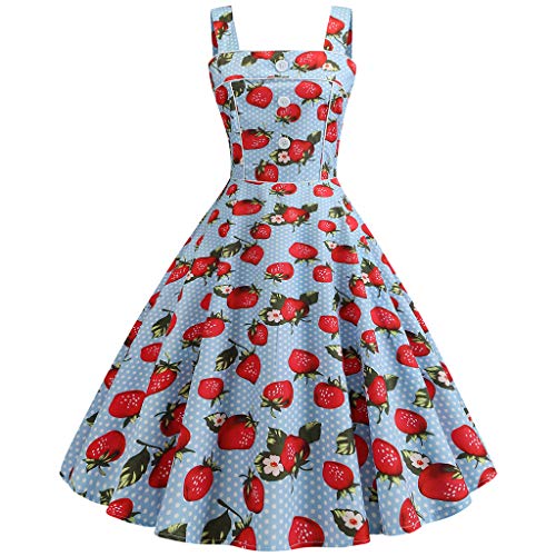 FRAUIT Damen Vintage 50er Jahre Kleid Armellose Cocktailkleid Riemchen Druck Abend Party Prom Swing Dress Kleider Spitzenkleid Knielang Rockabilly Kleid Kirsch-Erdbeer-Print-Taillen-Kleid von FRAUIT